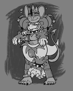 anthro bulge carrying_another clothing cosplay crown duo fool's_hat hat headgear headwear heart_symbol hug hugging_another hugging_from_behind larger_male male male/male size_difference smaller_male smile smiling_at_viewer smirk smirking_at_viewer smug spade_tail tail tongue tongue_out nommz kings_of_hell ankou_(nommz) paimon_(kings_of_hell) superbia_(kings_of_hell) demon kobold mammal mouse murid murine rodent scalie 4:5 hi_res monochrome