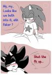 5_fingers anthro big_eyes big_head blush bulge clothed clothing comic dialogue didichann duo ellipsis english_text erection erection_under_clothing eulipotyphlan fingers gloves handwear hedgehog male male/male mammal question_mark sega shadow_the_hedgehog sonic_the_hedgehog sonic_the_hedgehog_(series) text toony