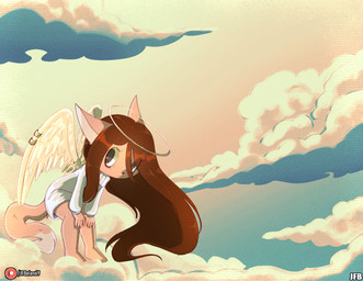 anthro clothing cloud female fluffy fluffy_tail hair halo long_hair looking_at_viewer ring ringed_wings shadow sky skyscape solo sweater tail topwear turtleneck wings j.fbelen jfbelen canid canine canis mammal wolf hi_res