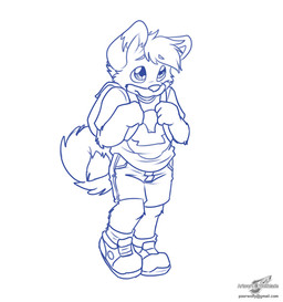 4_fingers anthro backpack biped bottomwear clothed clothing dipstick_ears dipstick_tail ear_markings fingers footwear fully_clothed fur hair legwear male markings multicolored_ears multicolored_tail shirt shoes short_hair shorts simple_background smile socks solo standing t-shirt tail tail_markings toony topwear white_background young young_anthro young_male wolfblade canid canine canis domestic_dog husky mammal nordic_sled_dog spitz blue_and_white monochrome sketch