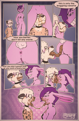 anthro bodily_fluids duo eating_feces feces feces_in_mouth feces_on_face female genital_fluids male male/female nude scatplay text urine watersports scaty chisoku cheetah felid feline lagomorph leporid mammal rabbit absurd_res comic english_text hi_res