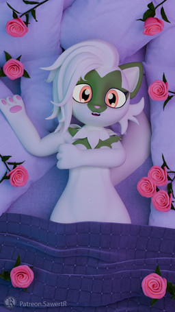 3_fingers anthro anthrofied bed bed_covers bedding breasts covering covering_breasts fangs female fingers flower furniture hair hand_on_breast looking_at_viewer lying nude nude_anthro nude_female on_back on_bed open_mouth plant rose_(flower) solo teeth sawert nintendo pokemon ivy_(sawert) generation_9_pokemon mammal pokemon_(species) sprigatito 2026 3d_(artwork) 9:16 blender_(artwork) blender_cycles_(artwork) digital_media_(artwork) hi_res