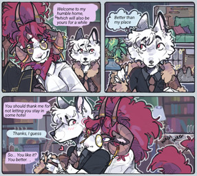 anthro blush breasts clothed clothing coat dialogue duo eyewear female fur glasses gold_(metal) gold_jewelry hair heart_symbol horn hug hugging_another hugging_from_behind jewelry looking_at_another male male/female open_mouth red_hair speech_bubble tail tail_motion tailwag text topwear undressing white_body white_fur wool_(fur) snowfoxy66 snow_(snowfoxy66) valleria_(vellbell) arctic_fox bovid canid canine caprine domestic_sheep fox jacob_sheep mammal sheep true_fox comic digital_media_(artwork) english_text