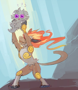 ambiguous_gender brown_body brown_fur confusion duo feet feral fire flaming_hair fur grey_body grey_fur holding_another larger_ambiguous multicolored_body multicolored_fur parody pseudo_hair purple_eyes question_mark size_difference smaller_ambiguous toes two_tone_body two_tone_fur white_body white_fur doxo disney nintendo pokemon the_lion_king ape espurr felid feline generation_4_pokemon generation_6_pokemon haplorhine infernape mammal monkey pokemon_(species) primate crossover