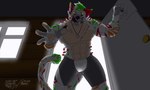 anthro big_fangs breaking_in bulge claws clothed clothing collar dog_tags door doorway fangs fur fur_tuft furry_body glowing glowing_eyes looking_at_viewer male multicolored_body multicolored_fur muscular reaching_towards_viewer shorts_only smile snow solo striped_body striped_fur stripes tail teeth tongue tongue_out topless tuft wall_(structure) wood wood_wall teymosoo perseus_(teymosoo) arctic_fox canid canine felid fox hybrid hyena mammal pantherine prehistoric_species saber-toothed_tiger spotted_hyena tiger true_fox 5:3 absurd_res hi_res