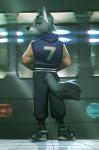 anthro biped butt clothing detailed_background footwear fur grey_body grey_fur male shoes solo miles_df canid canine canis mammal wolf 2019 digital_media_(artwork)