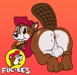 3_toes anthro anus ass_up balls baseball_cap beaver_tail bent_over big_butt blush bodily_fluids brown_body brown_fur buckteeth burger butt butt_focus clothing feet food fur genitals hat headgear headwear holding_food holding_object looking_back male multicolored_body multicolored_fur perineum raised_tail shirt simple_background solo sweat sweaty_balls sweaty_butt sweaty_genitalia tail teeth text toes topwear lolpiss buc-ee's buc-ee beaver mammal rodent english_text