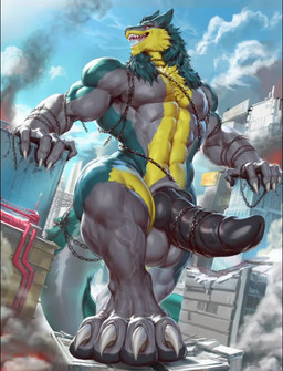 4_toes aircraft animal_genitalia anthro balls big_balls big_penis building chain city city_background claws destroyed_building destruction fangs feet fur genitals green_body green_fur grey_body grey_fur helicopter huge_balls huge_penis hyper hyper_balls hyper_genitalia macro male muscular paws penis red_eyes rubble solo stomping tail teeth text toe_claws toes vehicle yellow_body yellow_fur evenesko.d.fox loonyellie brom_(sahurus) sergal 2d_animation animated hi_res huge_filesize long_playtime motion_tweening sound video