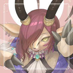 anthro border brooch brown_body brown_fur clothing crop_top ear_piercing ear_ring fangs frilly frilly_clothing fur green_eyes hair hair_over_eye horn horn_jewelry jewelry looking_at_viewer male multicolored_body piercing pink_border purple_clothing raised_hand red_hair ring_piercing shirt simple_background smile solo teeth topwear two_tone_body brsk_a caravan_stories pitsch_arbouris antelope bovid gazelle gessy mammal 1:1 2022 bust_portrait detailed icon portrait