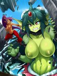 angry blue_eyes breasts chain clenched_teeth clothed clothing cloud day destruction duo ear_piercing ear_ring female green_hair green_nipples hair humanoid_pointy_ears larger_female long_hair macro nipples partially_submerged piercing pointy_ears ponytail purple_hair red_eyes ring_piercing size_difference smaller_female split_form teeth topless water jmg third-party_edit shantae:_half-genie_hero shantae_(series) wayforward giga_mermaid shantae genie humanoid marine merfolk 2020 3:4 absurd_res alternate_version_at_source hi_res signature