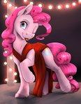 blep clothed clothing dress female feral lights looking_at_viewer one_eye_closed red_clothing red_dress solo tongue tongue_out wink silfoe friendship_is_magic hasbro my_little_pony pinkie_pie_(mlp) equid equine horse mammal pony hi_res