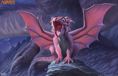 accessory ambiguous_gender claws duo electricity feral furgonomics horn horn_accessory lightning open_mouth pink_body pink_scales scales sitting size_difference spread_wings tail wings young young_feral brian_valeza hasbro magic:_the_gathering mythology wizards_of_the_coast dragon mythological_creature mythological_scalie scalie official_art