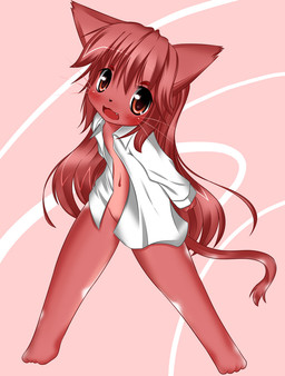 2000s_anime_style 2000s_theme anthro bottomless clothed clothing cute_fangs fangs female fur hair kemono long_hair open_chested_shirt red_body red_fur red_hair shirt shirt_only solo teeth topwear topwear_only whiskers subaryun domestic_cat felid feline felis mammal 2010