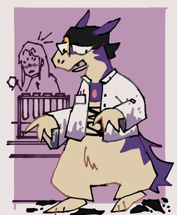 accidental_transformation after_transformation ambiguous_gender blush bottomless clothed clothing coat desk duo female feral fur furniture lab_accident lab_coat laboratory laboratory_equipment laboratory_glassware looking_at_another open_mouth pen_in_pocket purple_body purple_fur science scientific_instrument scientist scorch_mark sharp_teeth simple_background table tan_body tan_fur teeth test_tube topwear torn_clothing iggybelle nintendo pokemon generation_8_pokemon hisuian_form hisuian_typhlosion human mammal pokemon_(species) regional_form_(pokemon) hi_res