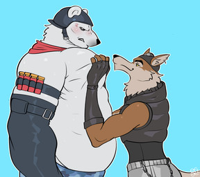 annoyed anthro anthro_on_anthro armband armor athletic athletic_anthro athletic_male biped blue_background bodily_fluids brown_body brown_fur clenched_teeth clothed clothed_anthro clothed_male clothing cross-popping_vein duo ear_piercing ear_ring fingerless_gloves fingers fur gloves handwear headgear helmet humanoid_hands interspecies larger_anthro larger_male logo looking_at_another looking_down looking_up male male/male moob_grab overweight overweight_anthro overweight_male piercing ring_piercing side_view simple_background size_difference smile smirk smug standing sweat sweatdrop tail tan_body tan_fur teeth white_body white_fur egg_concept epic_games fortnite polar_patroller wendell_(fortnite) bear canid canine canis mammal polar_bear ursine wolf 2024 absurd_res artist_logo colored hi_res