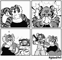 4_panel_comic anthro arm_out big_breasts big_cheeks black_clothing black_nose black_pawpads black_stripes black_text black_topwear bottomwear breasts cartoon_logic cheek_tuft circle_eyebrows cleavage closed_smile clothed clothed_anthro clothed_female clothing comic_panel duo emanata eyebrows eyes_closed facial_tuft fangs female grey_hair hair holding_tissue horn inner_ear_fluff leg_tuft long_hair looking_at_hand markings mouth_closed open_mouth pawpads shorts simple_background sitting small_ears smile sneeze sneezing_into_tissue striped_markings striped_tail stripes sweater tail tail_markings teeth text tissue tongue topwear tuft white_background white_bottomwear white_breasts white_clothing white_horn white_inner_ear white_inner_ear_fluff highlandkall kall_(highlandkall) naomi_(highlandkall) bovid bovine cattle mammal 2024 comic digital_drawing_(artwork) digital_media_(artwork) hi_res monochrome signature