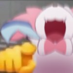 ambiguous_gender blurred_foreground fangs feral gesture hand_gesture laugh open_mouth pointing pointing_at_viewer simple_background solo teeth sylvpak nintendo pokemon eeveelution generation_6_pokemon pokemon_(species) sylveon 1:1 meme