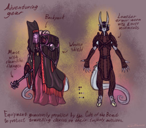 abstract_background ambiguous_gender armor backpack black_hair clothing color_swatch cultist curled_tail green_eyes grey_body grey_skin hair hooves horn jewelry leather leather_armor long_tail mace melee_weapon priest robe shield solo spikes spikes_(anatomy) tail text veil weapon taraelblackwing innocence_(taraelblackwing) humanoid tiefling digital_media_(artwork) english_text hi_res model_sheet nonbinary_(lore)