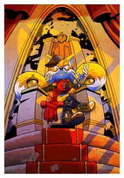 anthro armwear biped boots bracelet chair chin_piercing clothing crossed_legs damage evil_grin facial_piercing fangs fishnet_armwear fishnet_clothing footwear fur furniture hair half-closed_eyes jacket jewelry lip_piercing looking_at_viewer low-angle_view male narrowed_eyes overbite piercing shoes sitting smile solo spiked_bracelet spikes teeth throne throne_room topwear triumphant vest zoomswish archie_comics sega sonic_the_hedgehog_(archie) sonic_the_hedgehog_(comics) sonic_the_hedgehog_(series) miles_prower_(anti-tails) canid canine fox mammal red_fox true_fox hi_res