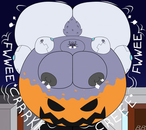 artist_initials big_butt butt creaking fluffy fluffy_tail hissing huge_butt hyper hyper_butt hyper_inflation inflation initials jack-o'-lantern machine moobs motion_lines onomatopoeia sound_effects tail text blubberlads protogen 2025 hi_res