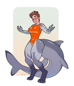 anthro artist_initials barefoot biped blue_eyes blush breasts brown_hair clothed clothing countershade_tail countershading digitigrade feet female fin fully_clothed gender_transformation grey_body grey_countershading grey_markings hair hands_out human_to_anthro looking_down looking_down_at_self markings mtf_transformation navel non-mammal_breasts non-mammal_navel one-piece_swimsuit paws shark_tail simple_background smile solo species_transformation standing suit_transformation swimwear tail tail_fin transformation year blackshirtboy pickit aquatic fish human mammal shark 2023 absurd_res colored hi_res shaded male_(lore)
