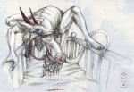 ambiguous_gender anthro baby balcony disembowelment duo gaping_mouth gore guts hard_vore horn infanticide intestines nightmare_fuel open_mouth organs simple_background tail teeth tongue vore what white_background young rotarr monster synx graphite_(artwork) traditional_media_(artwork)