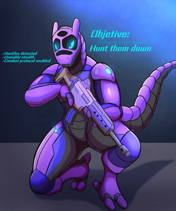 anthro blue_eyes gun holding_object holding_weapon machine male purple_body purple_skin ranged_weapon rifle simple_background solo tail text weapon thony_dog android robot scalie synth_(vader-san) 5:6 absurd_res english_text hi_res