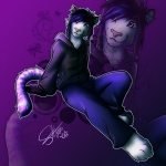 anthro blowup_background blue_eyes blue_hair bottomwear clothed clothing denim denim_bottomwear denim_clothing feet fully_clothed fur gloves hair handwear hindpaw hoodie inner_ear_fluff jeans male pants paws pink_nose purple_background purple_body purple_hair simple_background smile solo stripes tail topwear tuft shynjy logic_kennedy arthropod butterfly felid insect lepidopteran mammal pantherine tiger 1:1 absurd_res hi_res purple_theme signature