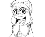 anthro blush clothing eyewear female female_anthro glasses hair hat headgear headwear kemono looking_at_viewer simple_background sitting solo white_background oposa hunter_x_hunter cheadle_yorkshire canid canine canis domestic_dog mammal 2021 hi_res monochrome sketch