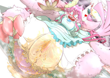 accident anthro big_ears bloomers blue_eyes blush bodily_fluids bottomwear clothed clothing colored_nails costume curled_horn desperation embarrassed female fur genital_fluids hair horn machine nails omorashi open_mouth peeing pink_body pink_fur pink_hair recording red_nails solo stage_lights stage_show underwear urine urine_pool wetting mttbsmn muse_meant_777 animatronic dragonewt robot absurd_res hi_res