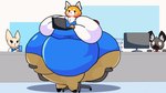 anthro belly belly_jiggle big_belly big_breasts big_butt black_clothing black_ears black_eyes black_footwear black_nose black_shoes blue_background blue_clothing blue_dress blush bottomwear breasts brown_bottomwear brown_clothing brown_inner_ear butt butt_jiggle cellphone chair clothing collared_shirt computer crossed_legs dress dress_shirt electronics eyebrows female footwear furniture grey_body grey_inner_ear group holding_cellphone holding_laptop holding_object holding_phone huge_belly huge_breasts huge_butt huge_thighs hyper hyper_belly hyper_breasts hyper_butt hyper_thighs jiggling laptop male monitor morbidly_obese morbidly_obese_anthro morbidly_obese_female necktie obese obese_anthro obese_female office office_chair office_clothing on_chair open_mouth open_smile orange_body overweight overweight_anthro overweight_female paper phone pink_tongue red_mouth red_necktie shirt simple_background sitting sitting_on_chair smile taking_picture tan_body tan_ears thick_thighs tongue topwear trio white_background white_clothing white_dress_shirt white_ears white_eyebrows white_shirt white_topwear adansin aggretsuko sanrio fenneko haida_(aggretsuko) retsuko ailurid canid canine fennec_fox fox hyena mammal red_panda true_fox 16:9 2025 animated cel_shading colored digital_media_(artwork) shaded short_playtime widescreen