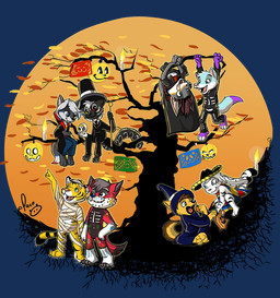 anthro black_cape black_clothing black_hat black_headwear black_nose black_sclera blue_eyes brown_hair cape closed_smile clothed clothing eating_candy fangs fur grey_body grey_fur grey_hair group hair happy hat head_tuft headgear headwear heterochromia holding_object holding_skull holding_staff in_tree logo long_ears male male_anthro markings mouth_closed nude open_mouth open_smile orange_sky pink_nose plant purple_body purple_fur red_body red_cape red_clothing red_eyes red_fur short_hair sitting sky smile staff standing striped_body striped_fur striped_legs striped_markings striped_tail stripes tail tail_markings teeth tongue tongue_out tree tuft upside_down white_body white_fur white_hair white_markings yellow_body yellow_eyes yellow_fur pandapaco canid canine felid mammal alpha_channel artist_logo signature