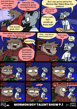 annoyed anthro bodily_fluids bothered brown_body brown_fur clothed clothed_anthro clothed_male clothing color_coded color_coded_speech_bubble controller dialogue duo electronics fully_clothed fully_clothed_anthro fully_clothed_male fur game_controller gaming_chair grey_body grey_fur holding_controller holding_game_controller holding_object hoodie inside jacket khakis male mormon profanity red_clothing red_hoodie red_jacket red_topwear sad shirt smile smirk smug speech_bubble sweat sweatdrop television text topwear white_clothing white_shirt white_topwear yelling happyroadkill isaiah_the_mormon_mouse orin_owl avian bird mammal mouse murid murine owl rodent 2026 absurd_res comic english_text hi_res multiple_scenes