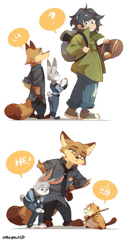 2_panel_comic accessory anthro backpack black_hair brown_body brown_fur clipboard clothing dialogue eye_contact female feral footwear fur grey_body grey_fur group hair holding_object looking_at_another male multicolored_body multicolored_fur necktie officer orange_body orange_fur police police_uniform question_mark shoes simple_background skateboard speech_bubble text trio uniform vehicle white_background white_body white_fur szangsedezhua01 disney hoppers_(disney) pixar zootopia judy_hopps mabel_tanaka nick_wilde beaver canid canine european_rabbit fox human lagomorph leporid mammal oryctolagus rabbit red_fox rodent true_fox comic crossover english_text hi_res