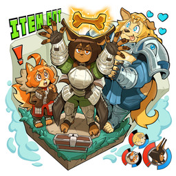 5_toes anthro armor bone bracelet breastplate clothing exclamation_point feet female fingerless_gloves footwear game_avatar gameplay_mechanics gloves group gui handwear health_bar heart_eyes heart_symbol jewelry pauldron pupils smile sparkles sparkling_eyes star_pupils symbol-shaped_pupils toeless_footwear toeless_legwear toes tongue tongue_out treasure_chest trio unusual_pupils ceehaz dog_knight_rpg jeane_(ceehaz) maci_(ceehaz) rory_(ceehaz) bird_dog canid canine canis dobermann domestic_dog golden_retriever hunting_dog mammal pinscher pomeranian retriever spitz 1:1 2021 absurd_res hi_res