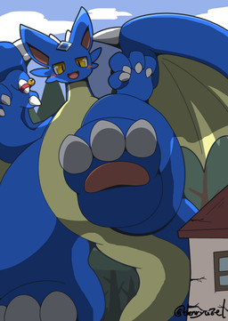 anthro bell bell_collar blue_body blue_ears blue_gem blush building claws collar forehead_gem fur gem half-closed_eyes house macro narrowed_eyes open_mouth pink_inner_ear raised_leg red_collar solo white_claws wings yellow_eyes denryuzel mythology kei_(denryuzel) dragon furred_dragon furred_scalie mythological_creature mythological_scalie scalie absurd_res hi_res