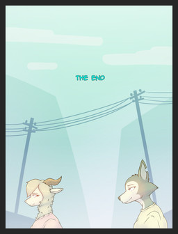 anthro black_border border clothed clothing cloud duo fur horn looking_at_another male outside shirt simple_background sky smile text topwear tenides beastars legoshi_(beastars) pina_(beastars) bovid canid canine canis caprine dall_sheep mammal sheep wolf absurd_res comic digital_media_(artwork) end_page english_text hi_res