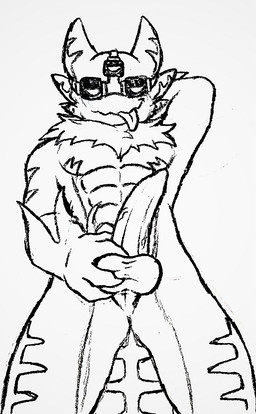 3_eyes 4_fingers abs anthro balls barazoku chest_tuft erection eyewear eyewear_on_head fingers genitals goggles goggles_on_face goggles_on_head holding_balls humanoid_genitalia humanoid_penis male multi_eye muscular muscular_male neck_tuft night_vision_goggles pecs penis simple_background solo standing tail tongue tongue_out tuft white_background opstah kaiju_paradise gootraxian lizard nightcrawler_gootraxian reptile scalie 2024 digital_drawing_(artwork) digital_media_(artwork) hi_res monochrome