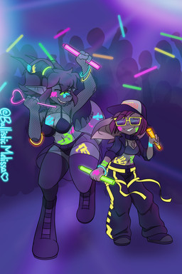 anthro blacklight bodypaint clothing dancing duo eyebrow_piercing eyewear facial_piercing female fishnet_clothing fishnet_topwear glowstick glowstick_bracelet legwear navel navel_piercing neon piercing rave streetwear sunglasses techwear thigh_highs topwear translucent translucent_clothing ballisticmelissa mythology kovanni_(ballisticmelissa) lilla_(ballisticmelissa) bat dragon mammal mythological_creature mythological_scalie scalie 2:3 absurd_res hi_res