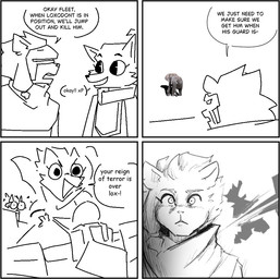 anthro big_eyes bisected bow_(weapon) clothed clothing cut_in_half death dialogue duo female feral fur group hair humor killing male multiple_styles proboscis_(anatomy) ranged_weapon real silhouette simple_background smile text trio trunk_(anatomy) visor weapon equinoxdoodles dungeons_of_aether rivals_of_aether clairen_(rivals_of_aether) fleet_(dungeons_of_aether) loxodont canid canine elephant elephantid felid feline fox leopard mammal pantherine proboscidean 2025 comic digital_media_(artwork) english_text monochrome