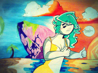 anthro beach blue_hair blush clothing eyewear female hair outside seaside shirt solo sunglasses sunset tank_top text topwear yalen-the-untaggable rubyblu aquatic fish shark english_text hi_res traditional_media_(artwork)