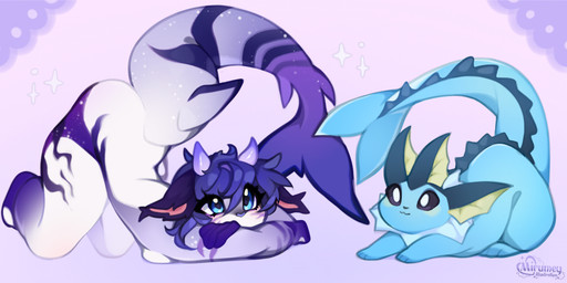 2_horns :3 ambiguous_gender anthro ass_up bangs blue_body blue_eyes blue_hair blush duo eyelashes female feral fin hair hair_between_eyes horn looking_up lying on_front smile tail white_body mirumey nintendo pokemon aquatic eeveelution fish generation_1_pokemon pokemon_(species) shark vaporeon hi_res