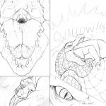 1:1 alligator alligatorid ambiguous_gender anthro azathura belly big_belly bodily_fluids claws comic crocodilian hair hi_res male mammal monochrome oral_vore reptile saliva scales scalie sound_effects swallowing teeth tongue tongue_out vore