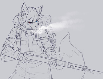 anthro backpack bayonet black_sclera blue_eyes breath cheek_tuft clothed clothing dipstick_tail facial_tuft fangs front_view glistening glistening_eyes gun holding_gun holding_object holding_ranged_weapon holding_weapon jacket knife looking_at_viewer male markings ranged_weapon red_eyes simple_background solo standing tail tail_markings teeth topwear tuft unsigned weapon papayafurry canid canine canis mammal wolf half-length_portrait hi_res partially_colored portrait
