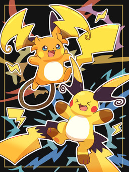 2_tails abstract_background ambiguous_gender anthro blue_eyes duo electricity eyes_closed fangs featureless_crotch fur multi_tail open_mouth orange_body orange_fur pawpads paws tail teeth tongue yellow_body nekogyo122 nintendo pokemon pokemon_legends_z-a generation_9_pokemon mega_evolution mega_raichu mega_raichu_x mega_raichu_y pokemon_(species) 2025 3:4 absurd_res hi_res