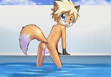 anthro backsack balls big_eyes biped blonde_hair blue_eyes butt fur genitals hair looking_at_viewer looking_back male nude orange_body orange_fur outside sky solo standing swimming_pool water white_body white_fur young young_anthro young_male delicious_(artist) tycloud canid canine fox mammal absurd_res hi_res