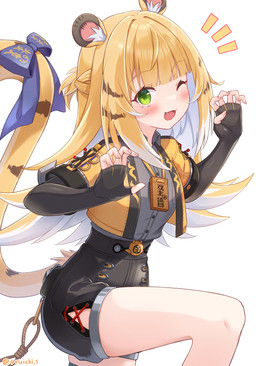 accessory animal_ears bare_legs belt black_bottomwear black_clothing black_shorts blonde_hair blush bottomwear claw_pose clothed clothing collared_shirt dress_shirt fangs female fluffy_ears furgonomics green_eyes grey_dress_shirt hair jacket long_hair markings one_eye_closed one_leg_up open_clothing open_jacket open_mouth open_topwear raised_leg raised_tail ribbons shirt shorts simple_background striped_hair striped_markings striped_tail stripes tail tail_accessory tail_markings tail_ribbon teeth topwear white_background white_hair yellow_clothing yellow_jacket_(clothing) yellow_topwear young young_female young_humanoid syuichi mihoyo zenless_zone_zero ju_fufu animal_humanoid felid felid_humanoid humanoid mammal mammal_humanoid pantherine pantherine_humanoid thiren tiger_humanoid hi_res