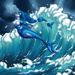 anthro blue_body blue_hair breasts countershading featureless_breasts female gem hair pearl_(gem) pokemorph smile solo split_form water wave white_body white_countershading ulyritirri nintendo pokemon kymarina aquatic generation_3_pokemon generation_7_pokemon hybrid kyogre legendary_pokemon merfolk pokemon_(species) primarina 1:1 2025 absurd_res hi_res