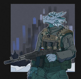 2_horns 5_fingers ak_platform anthro armor body_armor bulletproof_vest clothed clothed_anthro clothed_male clothing fingers frill_(anatomy) fully_clothed fully_clothed_anthro fully_clothed_male head_crest head_frill horn looking_at_viewer male male_anthro military overbite russia russian_federation russian_flag smug snow soldier solo spruce three-quarter_view uniform unsigned warrior gala_bobs european_mythology jsc_kalashnikov_concern mythology dragon mythological_creature mythological_scalie scalie western_dragon wingless_dragon 2023 absurd_res digital_media_(artwork) half-length_portrait hi_res paint_tool_sai_(artwork) portrait russian_description
