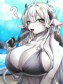anthro beach big_breasts bikini black_body black_fur blush bodily_fluids breasts clothing cloud dessert ear_piercing ear_tag eyelashes female food fur hair holding_object horn huge_breasts ice_cream looking_at_viewer markings open_mouth outside piercing popsicle question_mark sea seaside sky solo spots spotted_body spotted_fur standing sweat swimwear tongue two-piece_swimsuit water white_body white_fur white_hair mimideu64931 bovid bovine cattle mammal 2026 3:4 hi_res